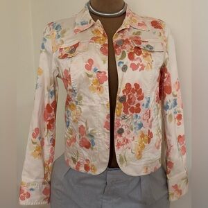 Coldwater Creek Pink Blue Orange Cream Floral.Print Jacket. Metal Buttons Sz S